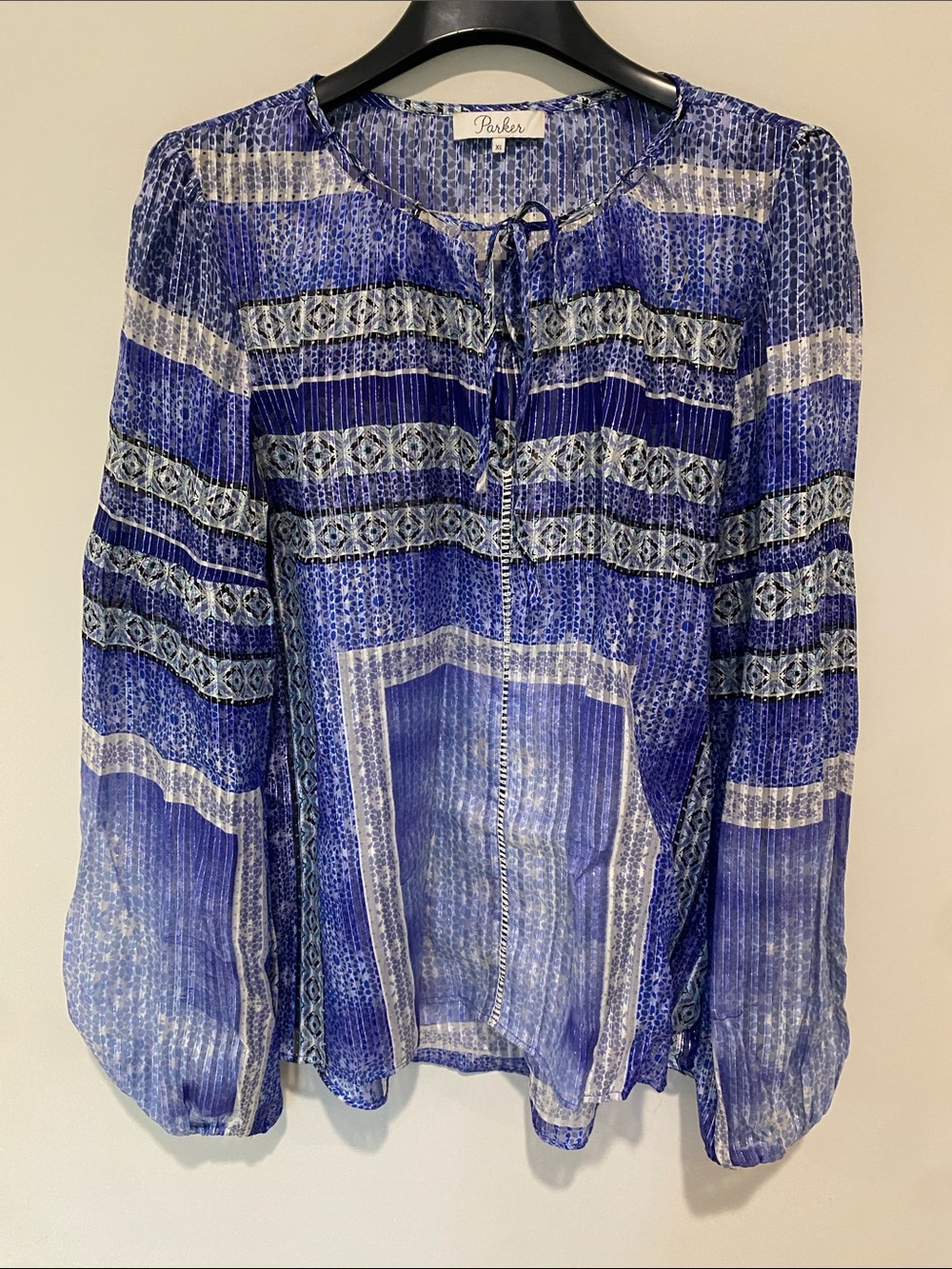 Parker Blue Printed Peasant Top Witherspoon Metallic Thread Accents